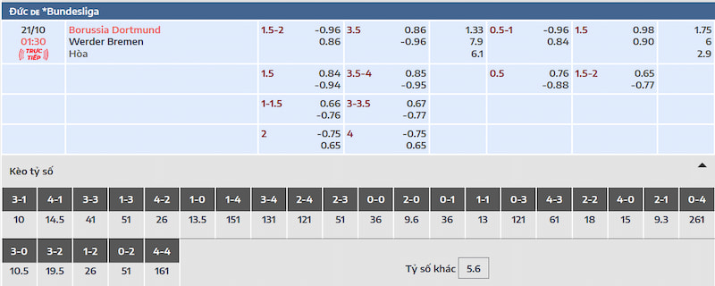 Tỷ lệ kèo trận đấu Dortmund vs Werder Bremen
